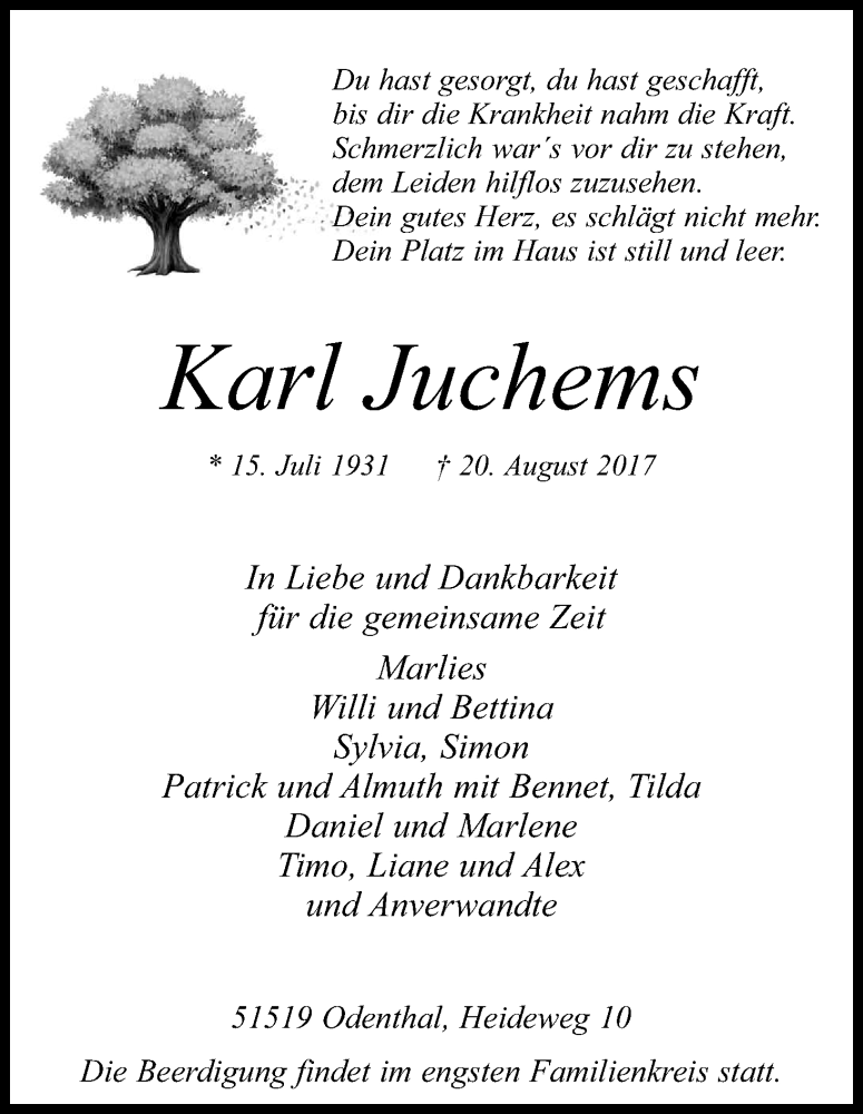  Traueranzeige für Karl Juchems vom 26.08.2017 aus Kölner Stadt-Anzeiger / Kölnische Rundschau / Express