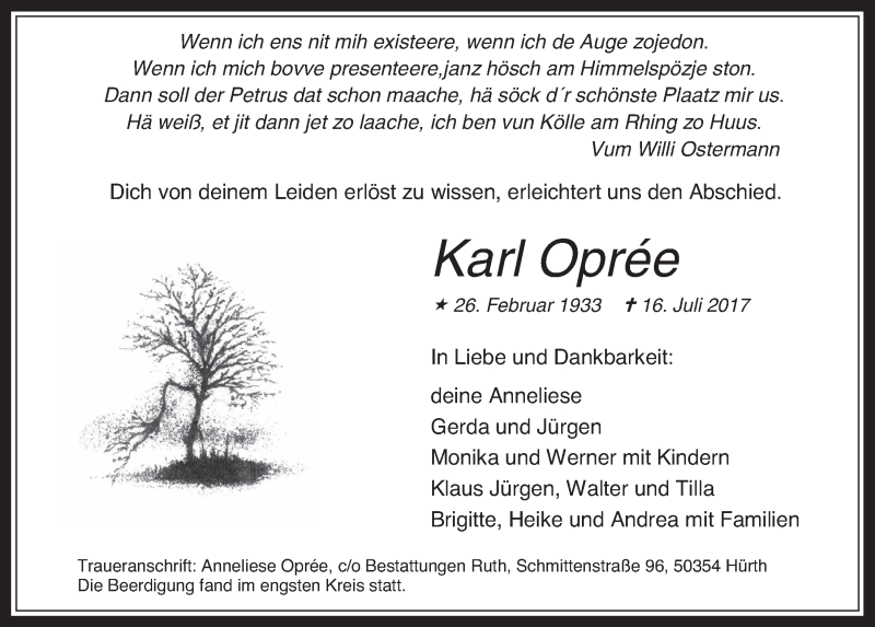  Traueranzeige für Karl Opree vom 02.08.2017 aus  Schlossbote/Werbekurier 