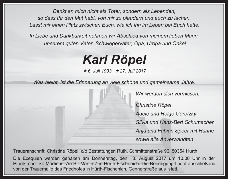  Traueranzeige für Karl Röpel vom 02.08.2017 aus  Wochenende 