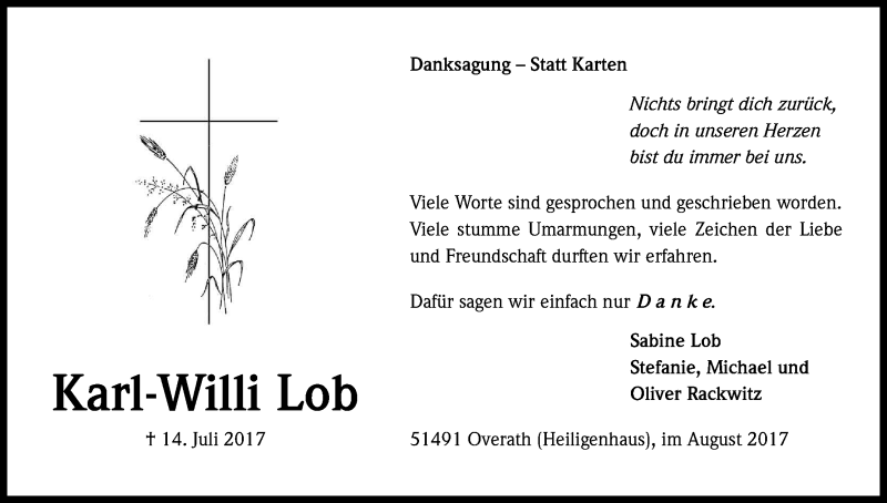  Traueranzeige für Karl-Willi Lob vom 19.08.2017 aus Kölner Stadt-Anzeiger / Kölnische Rundschau / Express