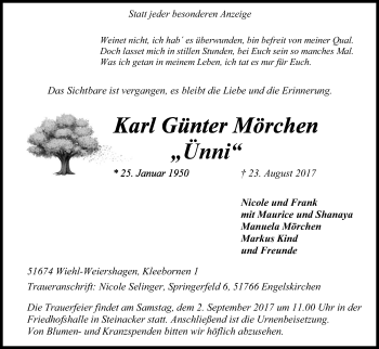 Anzeige von Karl Günter Mörchen von Kölner Stadt-Anzeiger / Kölnische Rundschau / Express
