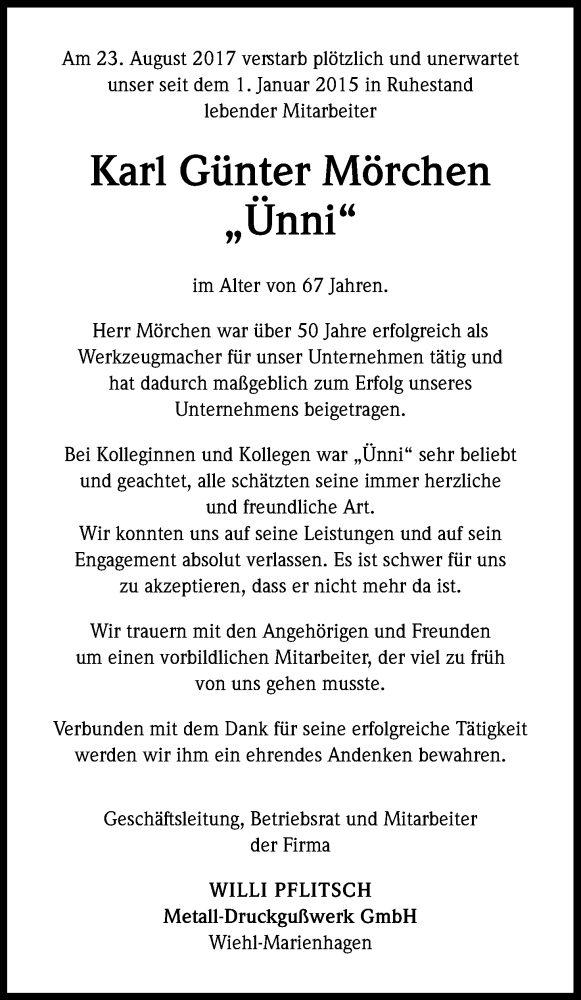  Traueranzeige für Karl Günter Mörchen vom 31.08.2017 aus Kölner Stadt-Anzeiger / Kölnische Rundschau / Express
