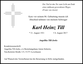 Anzeige von Karl Heinz Till von Kölner Stadt-Anzeiger / Kölnische Rundschau / Express