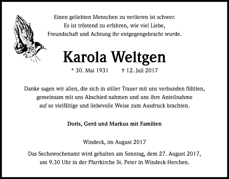  Traueranzeige für Karola Weltgen vom 22.08.2017 aus Kölner Stadt-Anzeiger / Kölnische Rundschau / Express