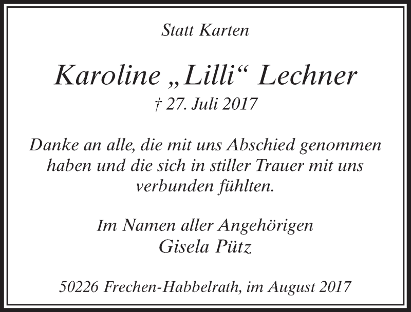  Traueranzeige für Karoline Lilli Lechner vom 19.08.2017 aus  Sonntags-Post 