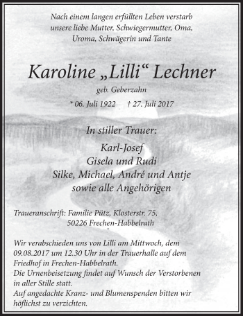 Anzeige von Karoline Lilli Lechner von  Sonntags-Post 