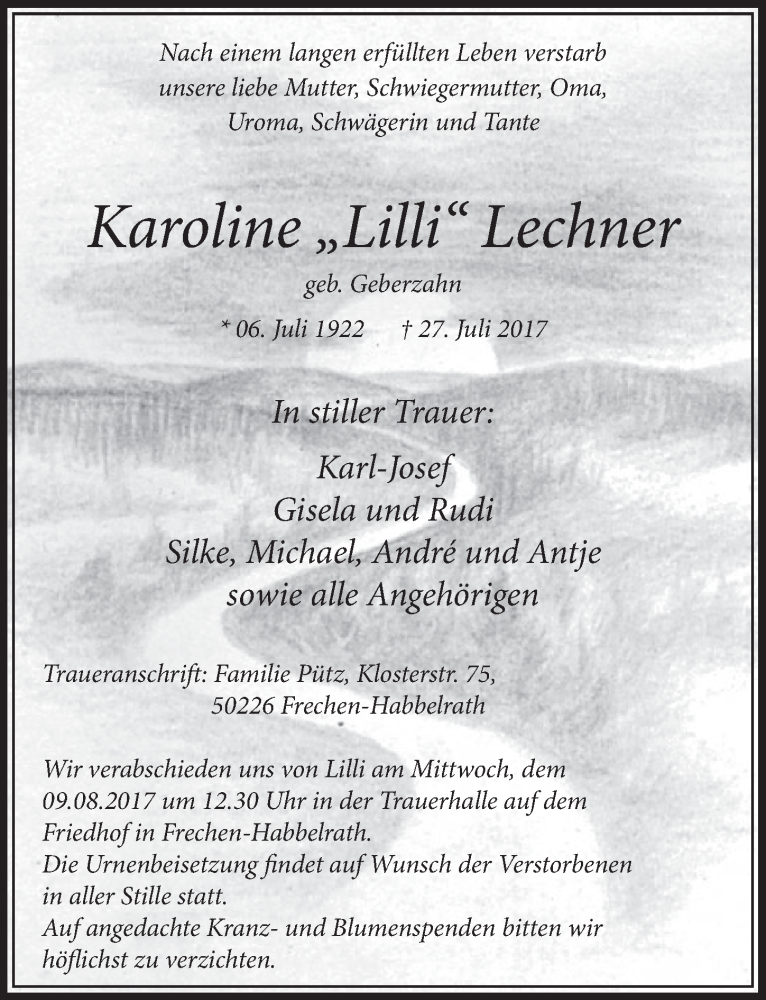  Traueranzeige für Karoline Lilli Lechner vom 05.08.2017 aus  Sonntags-Post 