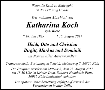 Anzeige von Katharina Koch von Kölner Stadt-Anzeiger / Kölnische Rundschau / Express