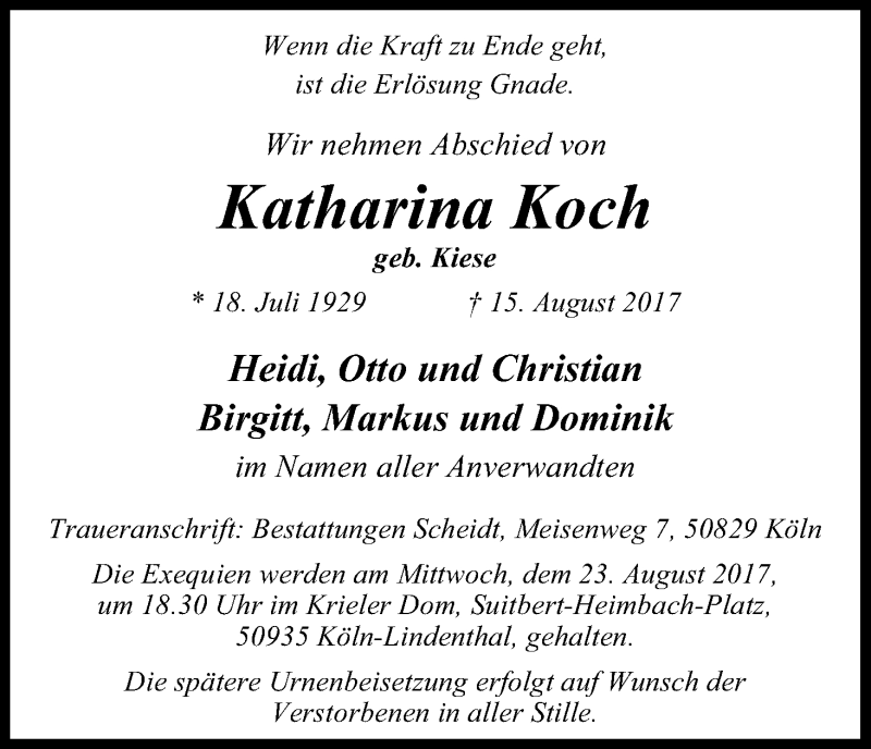  Traueranzeige für Katharina Koch vom 19.08.2017 aus Kölner Stadt-Anzeiger / Kölnische Rundschau / Express