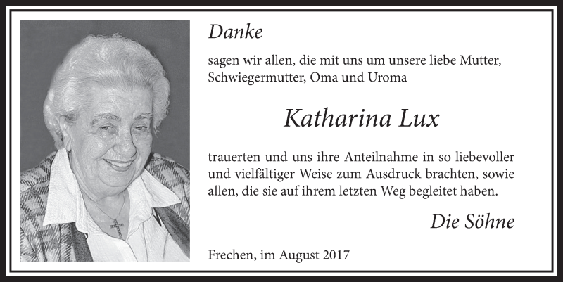  Traueranzeige für Katharina Lux vom 26.08.2017 aus  Sonntags-Post 