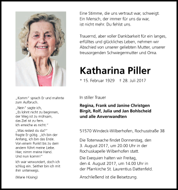 Anzeige von Katharina Piller von Kölner Stadt-Anzeiger / Kölnische Rundschau / Express