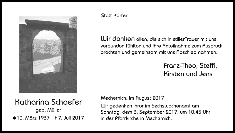  Traueranzeige für Katharina Schaefer vom 05.08.2017 aus Kölner Stadt-Anzeiger / Kölnische Rundschau / Express