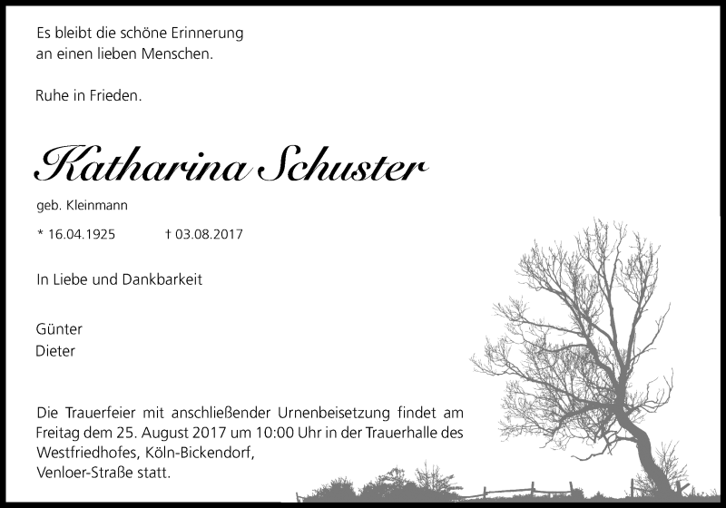 Traueranzeige für Katharina Schuster vom 21.08.2017 aus Kölner Stadt-Anzeiger / Kölnische Rundschau / Express