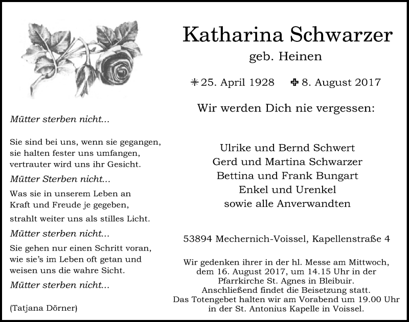  Traueranzeige für Katharina Schwarzer vom 12.08.2017 aus  Blickpunkt Euskirchen 