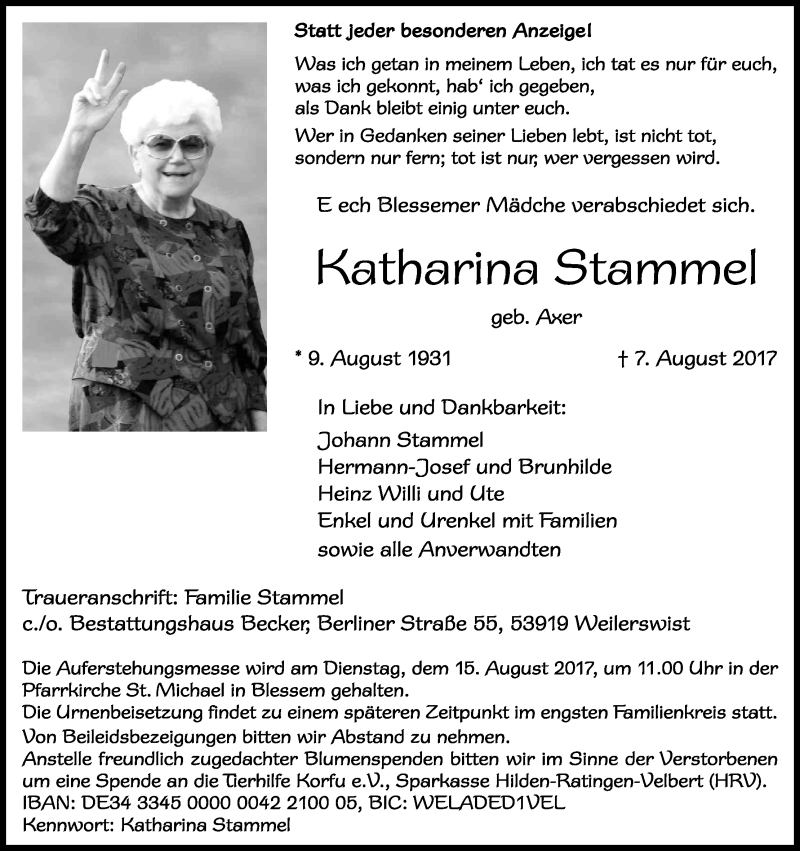 Traueranzeige für Katharina Stammel vom 12.08.2017 aus Kölner Stadt-Anzeiger / Kölnische Rundschau / Express