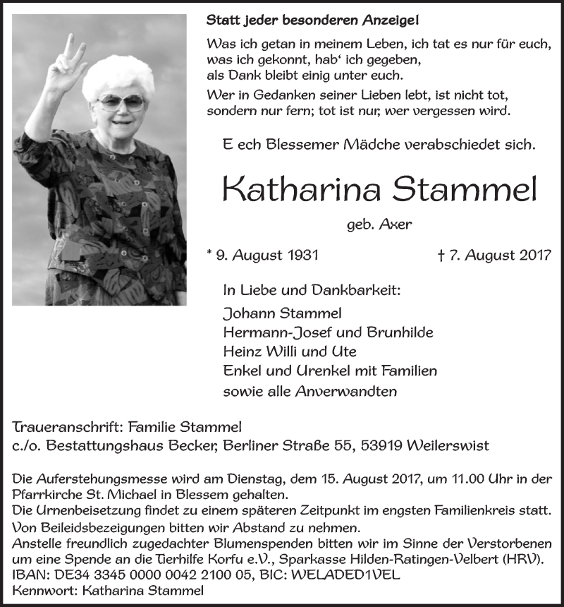  Traueranzeige für Katharina Stammel vom 12.08.2017 aus  Sonntags-Post 