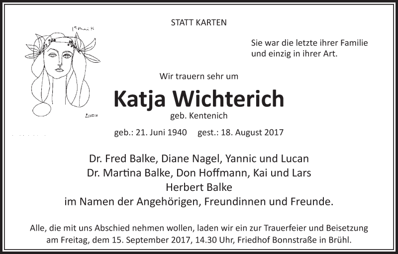  Traueranzeige für Katja Wichterich vom 30.08.2017 aus  Schlossbote/Werbekurier 