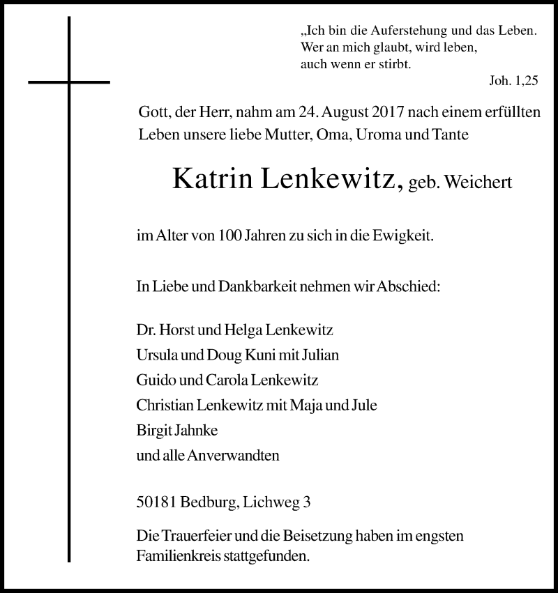  Traueranzeige für Katrin Lenkewitz vom 01.09.2017 aus Kölner Stadt-Anzeiger / Kölnische Rundschau / Express
