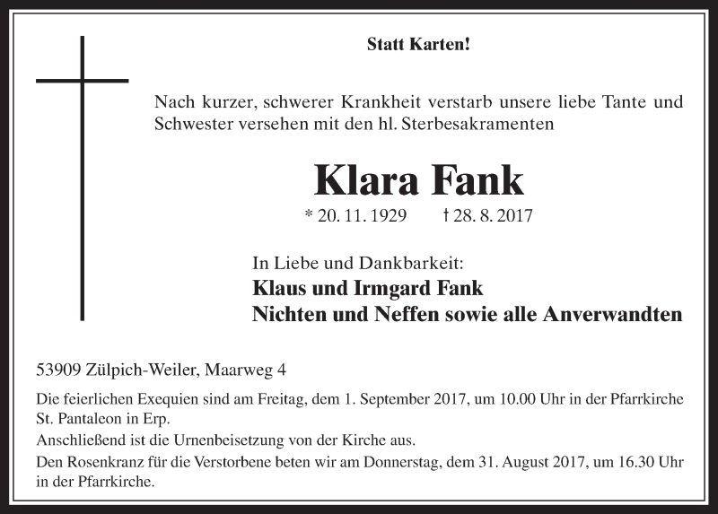  Traueranzeige für Klara Fank vom 30.08.2017 aus  Werbepost 