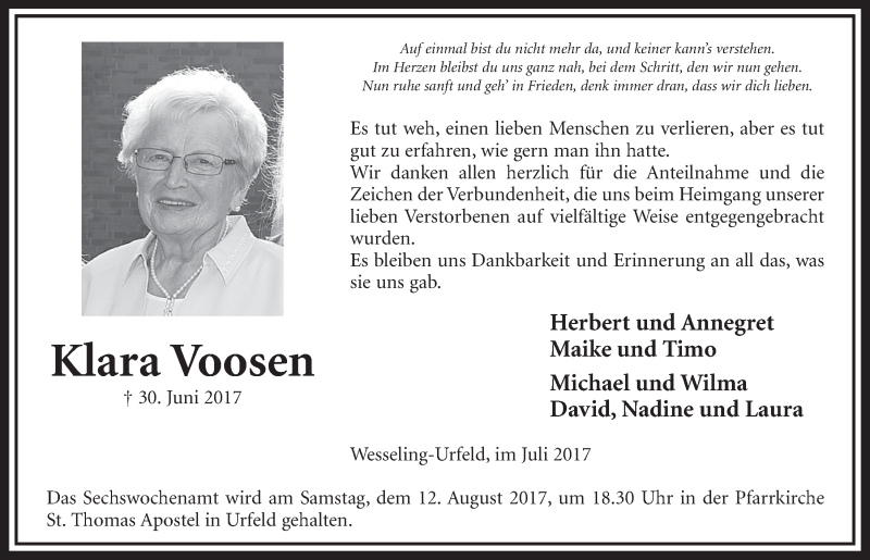  Traueranzeige für Klara Voosen vom 02.08.2017 aus  Schlossbote/Werbekurier 