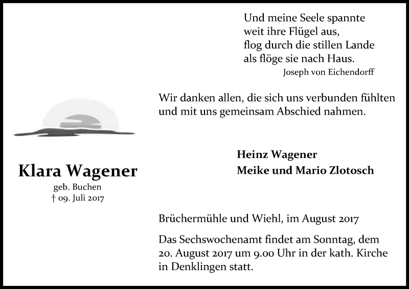  Traueranzeige für Klara Wagener vom 16.08.2017 aus Kölner Stadt-Anzeiger / Kölnische Rundschau / Express