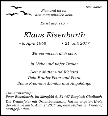 Anzeige von Klaus Eisenbarth von Kölner Stadt-Anzeiger / Kölnische Rundschau / Express