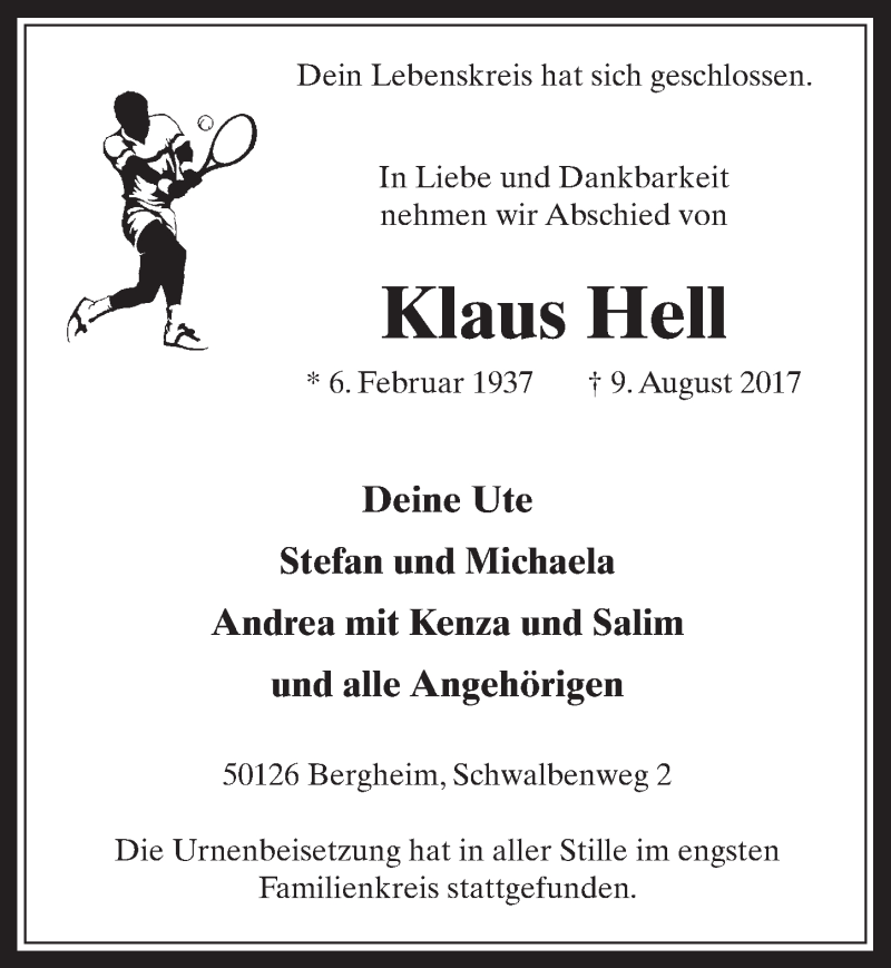  Traueranzeige für Klaus Hell vom 23.08.2017 aus  Werbepost 