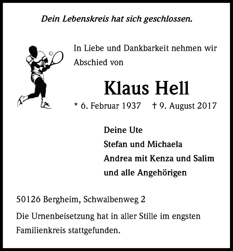  Traueranzeige für Klaus Hell vom 19.08.2017 aus Kölner Stadt-Anzeiger / Kölnische Rundschau / Express