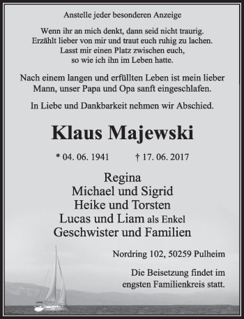 Anzeige von Klaus Majewski von  Sonntags-Post 