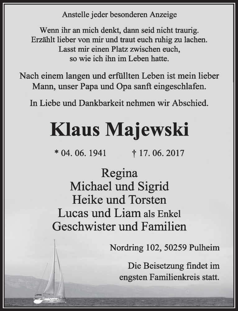  Traueranzeige für Klaus Majewski vom 05.08.2017 aus  Sonntags-Post 