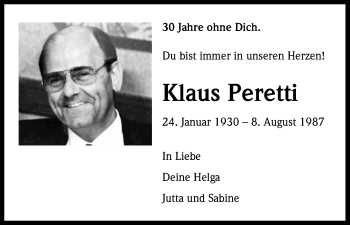 Anzeige von Klaus Peretti von Kölner Stadt-Anzeiger / Kölnische Rundschau / Express