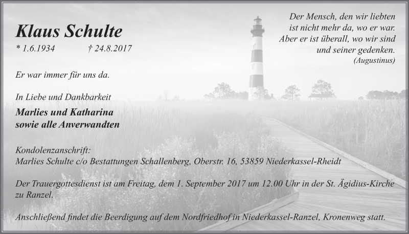  Traueranzeige für Klaus Schulte vom 30.08.2017 aus  Extra Blatt 