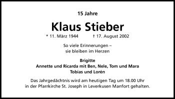 Anzeige von Klaus Stieber von Kölner Stadt-Anzeiger / Kölnische Rundschau / Express