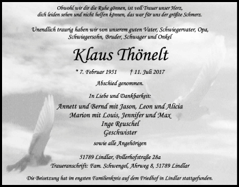 Anzeige von Klaus Thönelt von Kölner Stadt-Anzeiger / Kölnische Rundschau / Express