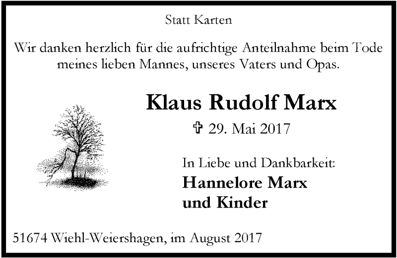  Traueranzeige für Klaus Rudolf Marx vom 02.08.2017 aus  Anzeigen Echo 