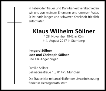 Anzeige von Klaus Wilhelm Söllner von Kölner Stadt-Anzeiger / Kölnische Rundschau / Express