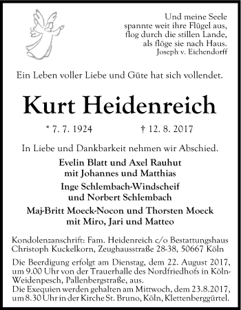 Anzeige von Kurt Heidenreich von Kölner Stadt-Anzeiger / Kölnische Rundschau / Express