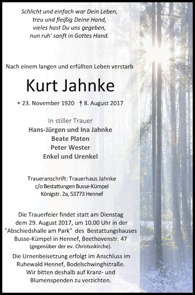  Traueranzeige für Kurt Jahnke vom 19.08.2017 aus Kölner Stadt-Anzeiger / Kölnische Rundschau / Express