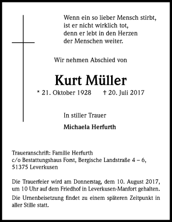 Anzeige von Kurt Müller von Kölner Stadt-Anzeiger / Kölnische Rundschau / Express