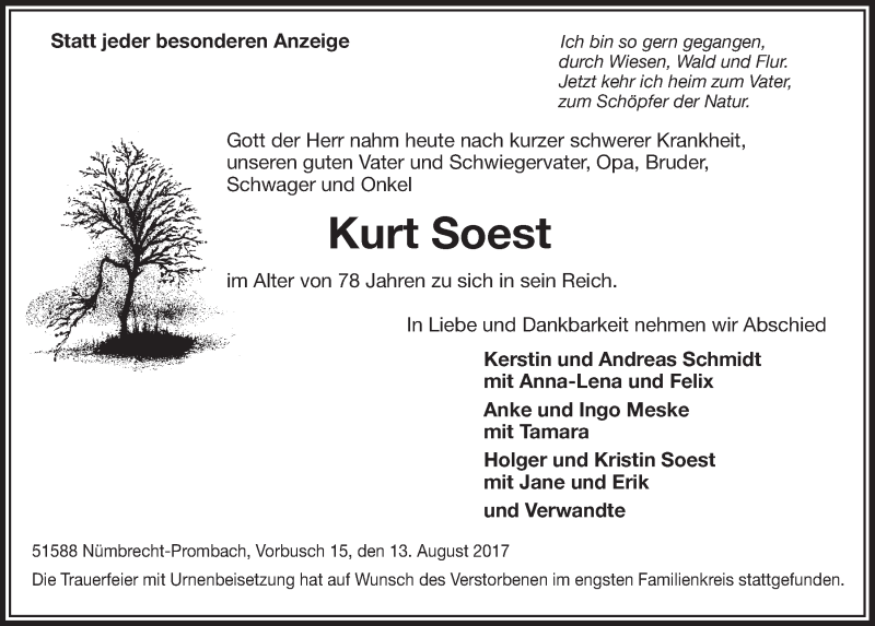  Traueranzeige für Kurt Soest vom 23.08.2017 aus  Lokalanzeiger 