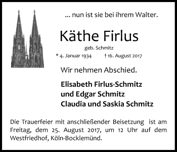 Anzeige von Käthe Firlus von Kölner Stadt-Anzeiger / Kölnische Rundschau / Express