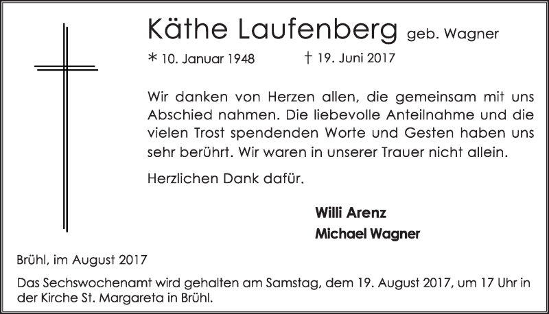  Traueranzeige für Käthe Laufenberg vom 02.08.2017 aus  Schlossbote/Werbekurier 