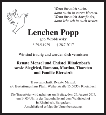 Anzeige von Lenchen Popp von  Schaufenster/Blickpunkt 