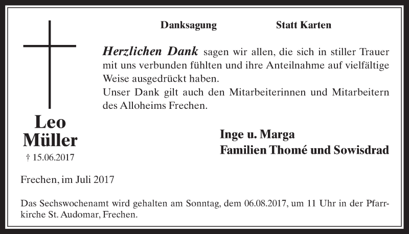  Traueranzeige für Leo Müller vom 02.08.2017 aus  Wochenende 