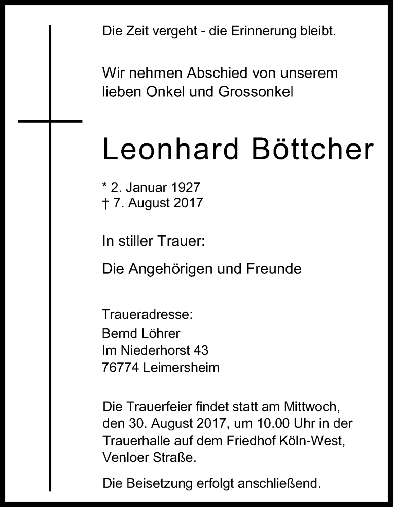  Traueranzeige für Leonhard Böttcher vom 26.08.2017 aus Kölner Stadt-Anzeiger / Kölnische Rundschau / Express