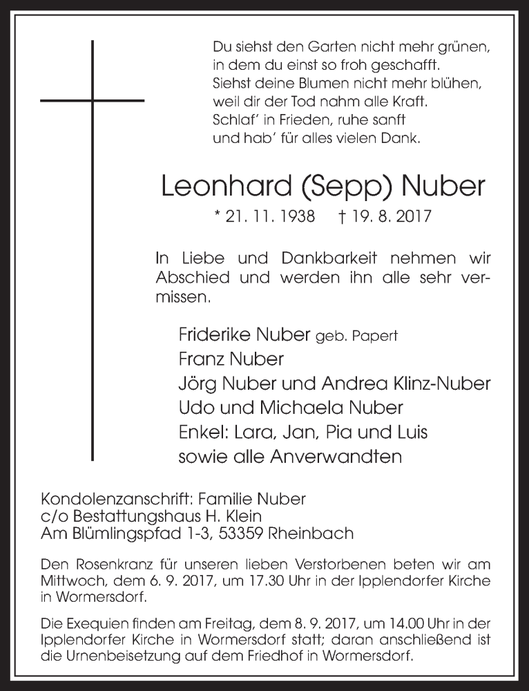  Traueranzeige für Leonhard Nuber vom 30.08.2017 aus  Schaufenster/Blickpunkt 