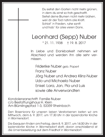 Anzeige von Leonhard Nuber von  Schaufenster/Blickpunkt 