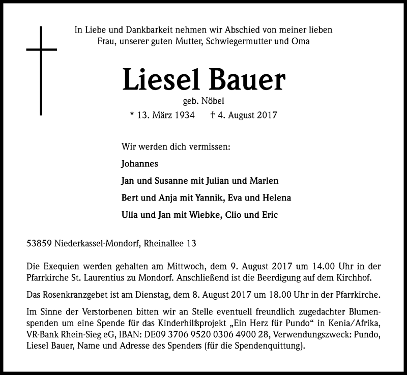  Traueranzeige für Liesel Bauer vom 08.08.2017 aus Kölner Stadt-Anzeiger / Kölnische Rundschau / Express