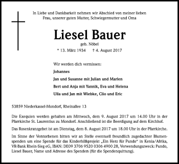Anzeige von Liesel Bauer von Kölner Stadt-Anzeiger / Kölnische Rundschau / Express