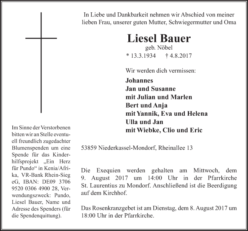  Traueranzeige für Liesel Bauer vom 09.08.2017 aus  Extra Blatt 